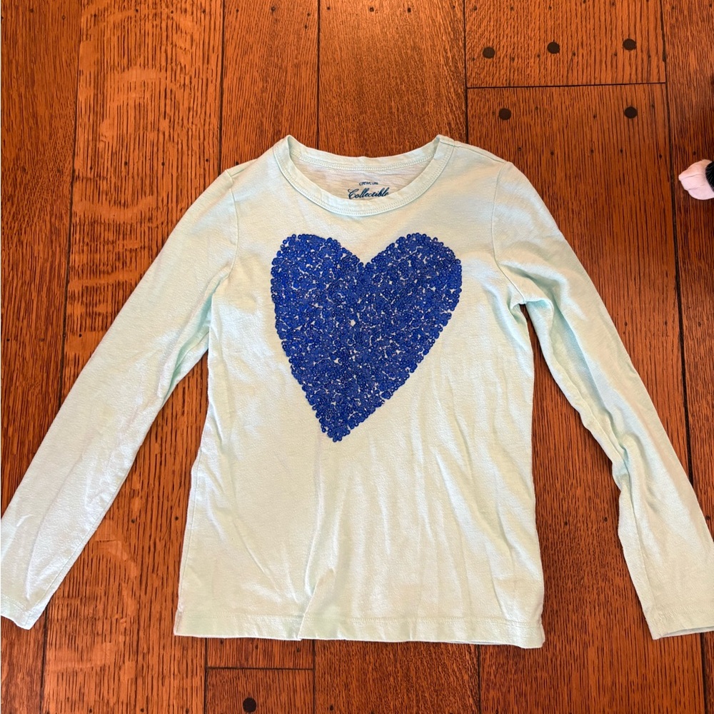 Crewcuts Light Teal Long Sleeve Shirt with Blue Sequin Heart